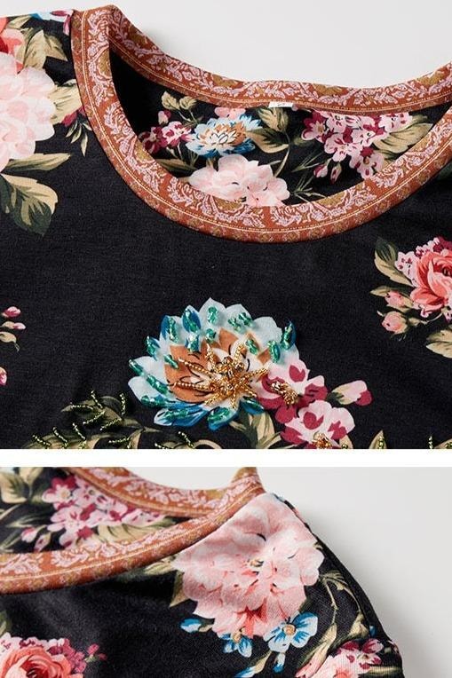 LD LINDA DELLA Summer T shir Short Sleeve Top Women’s O-Neck Elegant Flowers Floral Print Beading Casual Tops Tees
