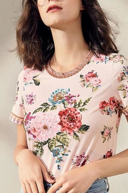 LD LINDA DELLA Summer T shir Short Sleeve Top Women’s O-Neck Elegant Flowers Floral Print Beading Casual Tops Tees