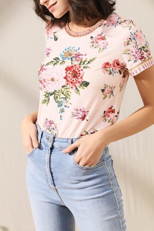 LD LINDA DELLA Summer T shir Short Sleeve Top Women’s O-Neck Elegant Flowers Floral Print Beading Casual Tops Tees