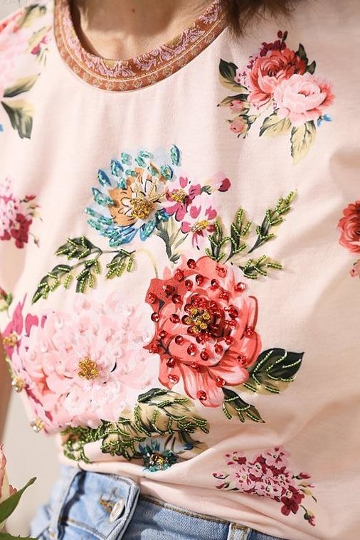 LD LINDA DELLA Summer T shir Short Sleeve Top Women’s O-Neck Elegant Flowers Floral Print Beading Casual Tops Tees