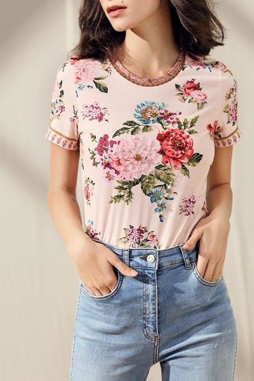 LD LINDA DELLA Summer T shir Short Sleeve Top Women’s O-Neck Elegant Flowers Floral Print Beading Casual Tops Tees