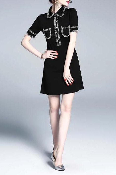 Black Collared Short Sleeve Dress - Clothing