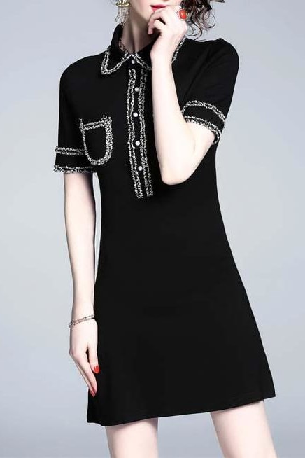 Black Collared Short Sleeve Dress - Clothing