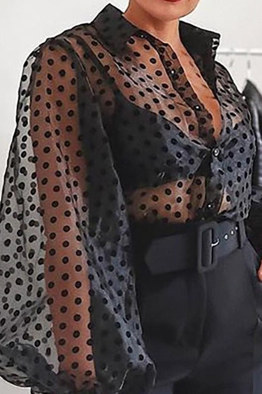 Fashion Perspective Dot Blouse Casual Ladies Buttons Loose Net Tops Female Women Fishnet Tops Long Sleeve Shirt Blusas Pullover - Clothing