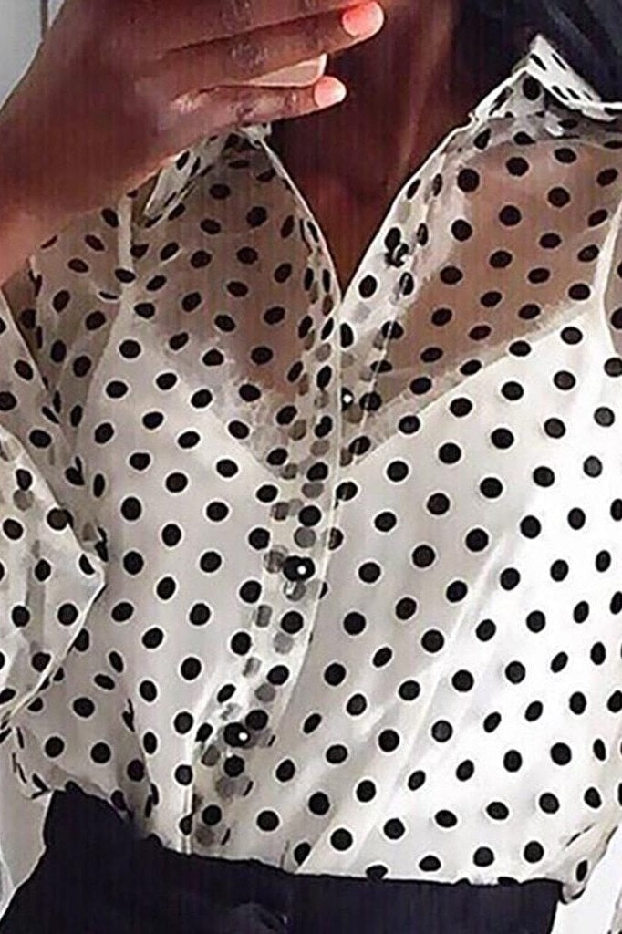 Fashion Perspective Dot Blouse Casual Ladies Buttons Loose Net Tops Female Women Fishnet Tops Long Sleeve Shirt Blusas Pullover - Clothing