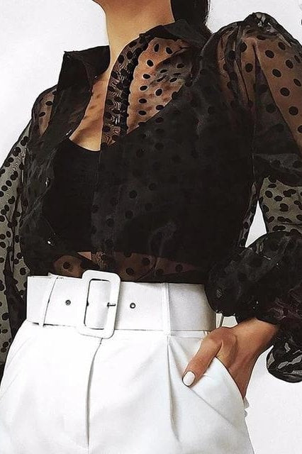 Fashion Perspective Dot Blouse Casual Ladies Buttons Loose Net Tops Female Women Fishnet Tops Long Sleeve Shirt Blusas Pullover - Black / S