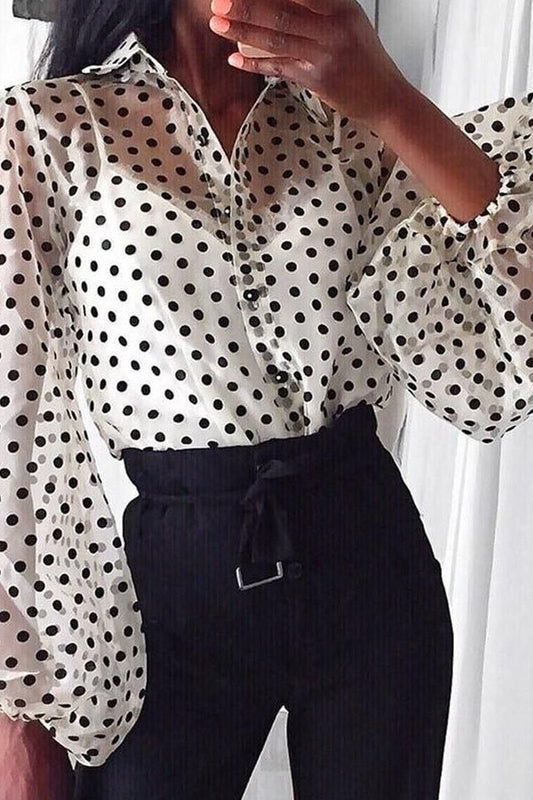 Fashion Perspective Dot Blouse Casual Ladies Buttons Loose Net Tops Female Women Fishnet Tops Long Sleeve Shirt Blusas Pullover - White / S