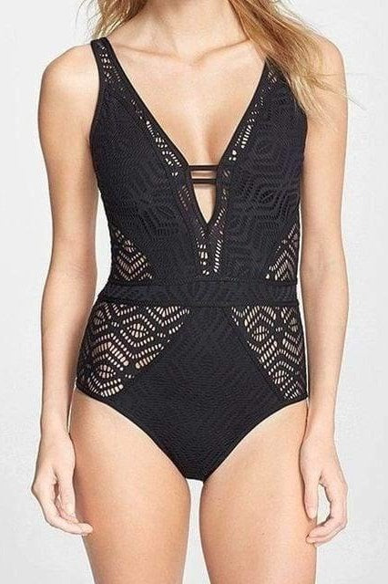 Crochet Back Tie One Piece - Black / XL - Swimwear