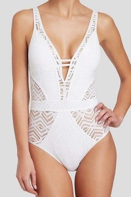 Crochet Back Tie One Piece - White / L - Swimwear