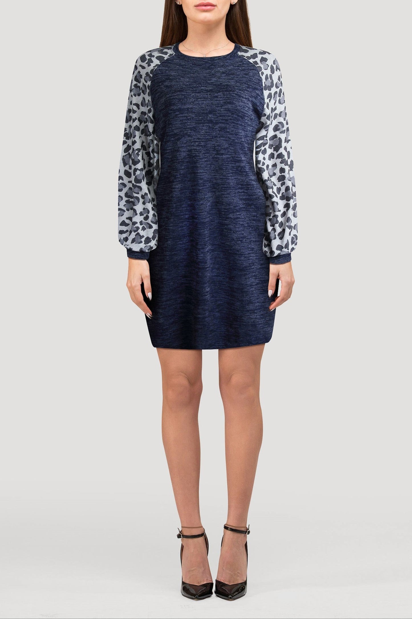 Darcey Leopard Sleeve Mini Dress - S / Navy Blue - Clothing
