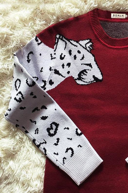 Didi Double Leopard Sleeve Sweater - S / Burgundy - Clothing