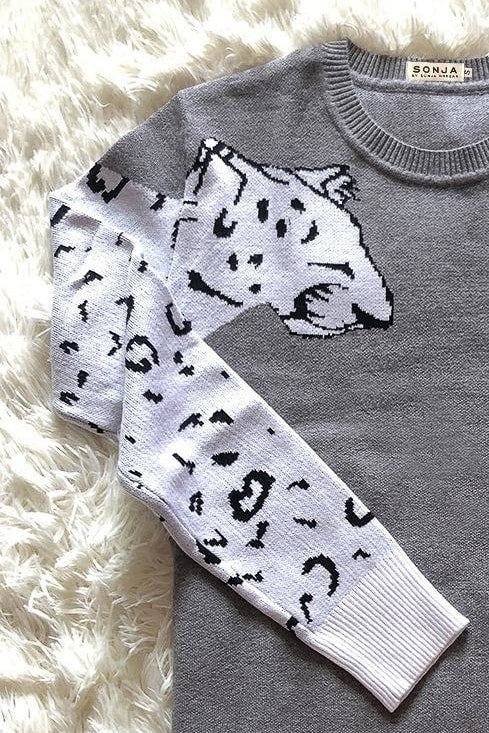Didi Double Leopard Sleeve Sweater - S / Gray - Clothing