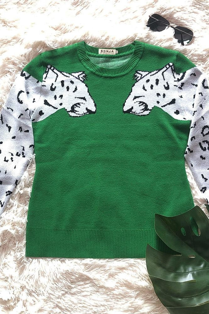 Didi Double Leopard Sleeve Sweater - S / Green - Clothing