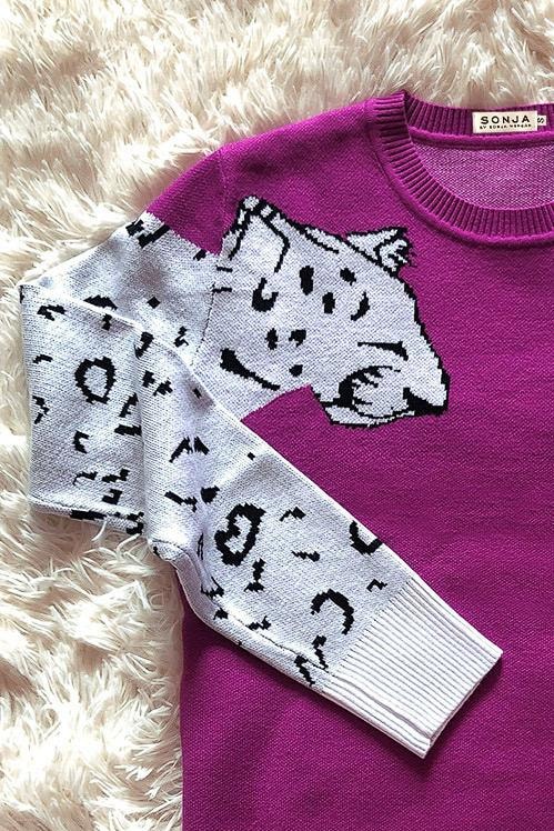 Didi Double Leopard Sleeve Sweater - S / Purple - Clothing