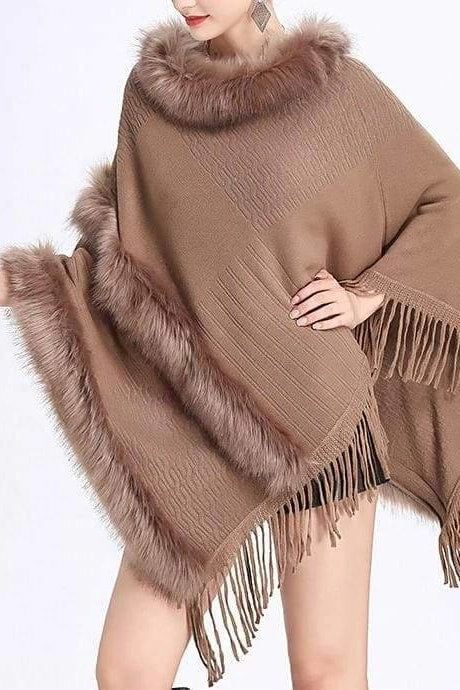Double Layer Faux Fur Poncho - Brown / One Size - Scarves
