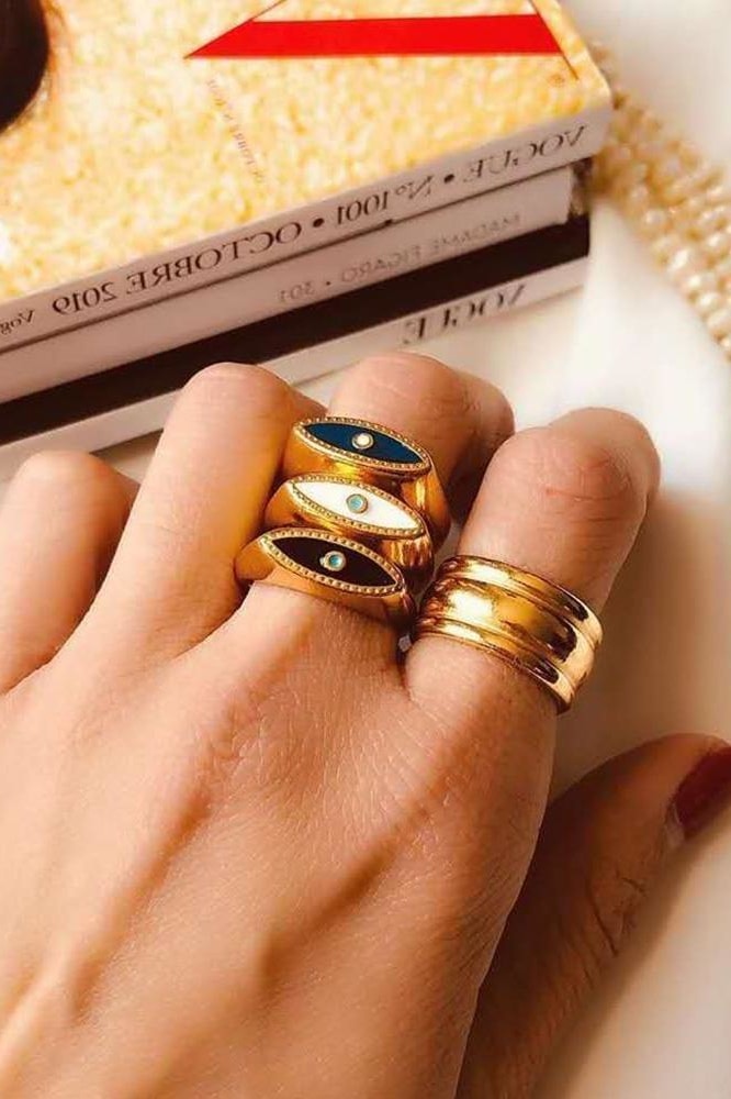 Adjusatble Ladies Vintage Gold Color Blue White Black Enamel Ring Sets Minimal Evil Eye Gold Rings