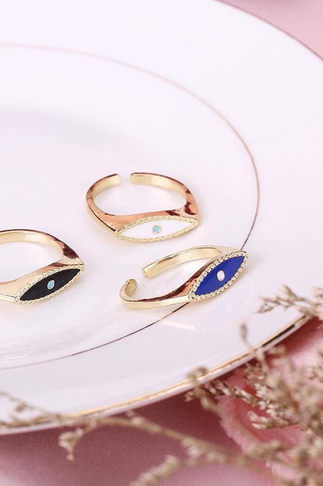 Adjusatble Ladies Vintage Gold Color Blue White Black Enamel Ring Sets Minimal Evil Eye Gold Rings