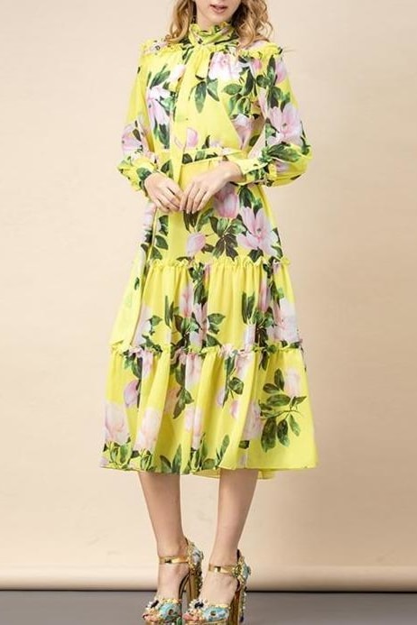 Floral Bow Belt Midi Dress - Clothing