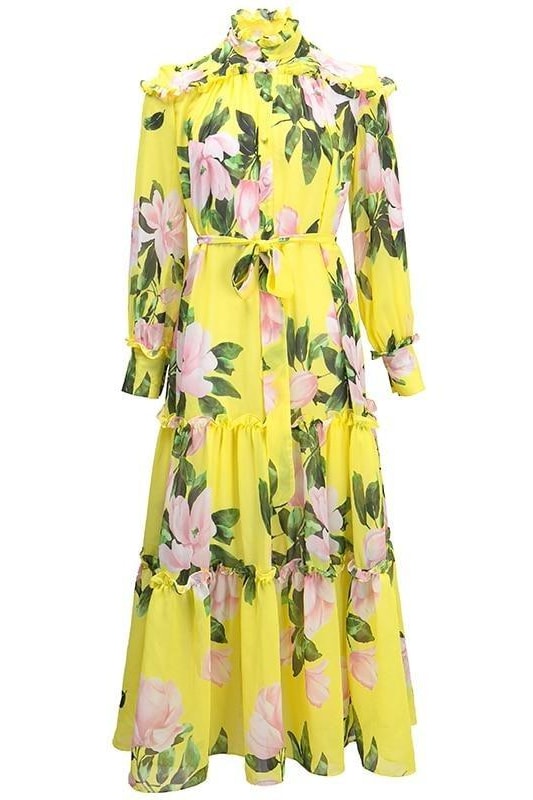 Floral Bow Belt Midi Dress - Clothing