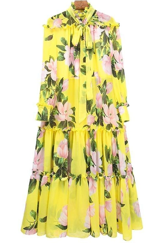 Floral Bow Belt Midi Dress - Clothing