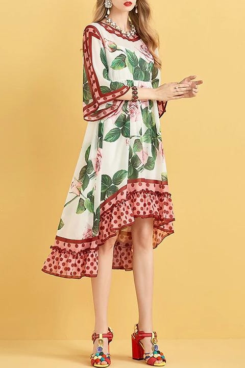 Floral Polka Dot Asymmetrical Midi Dress - Clothing