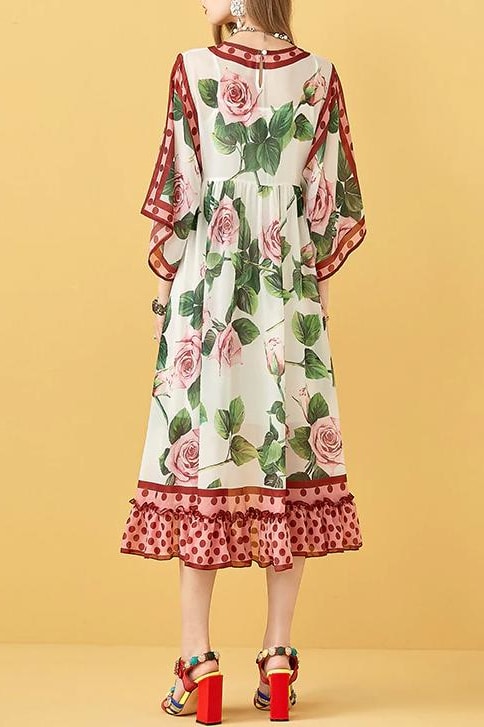 Floral Polka Dot Asymmetrical Midi Dress - Clothing