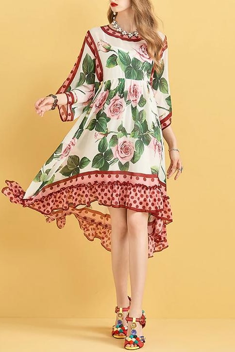 Floral Polka Dot Asymmetrical Midi Dress - Clothing