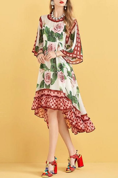 Floral Polka Dot Asymmetrical Midi Dress - White / 4 - Clothing