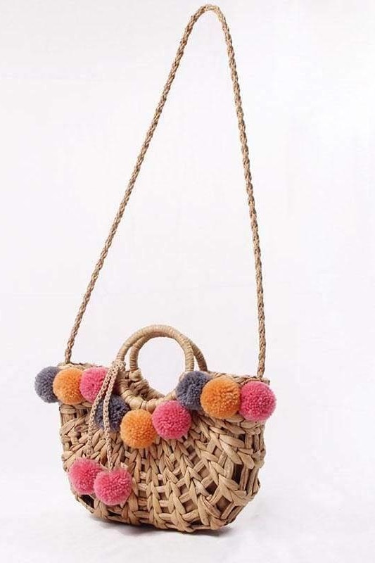 Frankie Pom Pom Straw Bag - Handbags