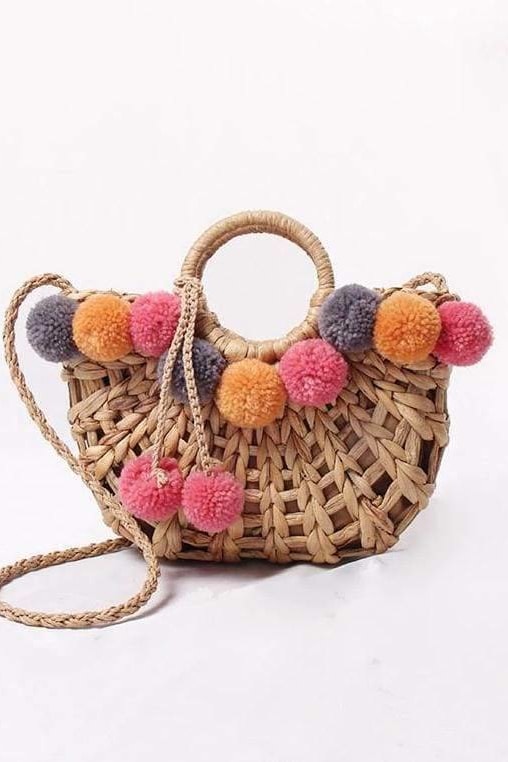 Frankie Pom Pom Straw Bag - Handbags