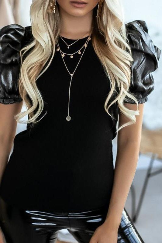 Sexy High Street Crew Neck Lantern Sleeve Tops - Black / L