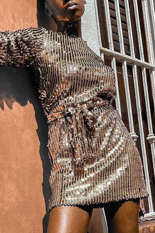 Goldie Glitter Belted Dress - Clothing