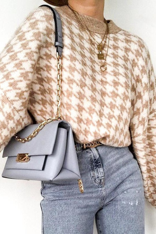 Hadley Houndstooth Crop Sweater - S / Khaki - Clothing