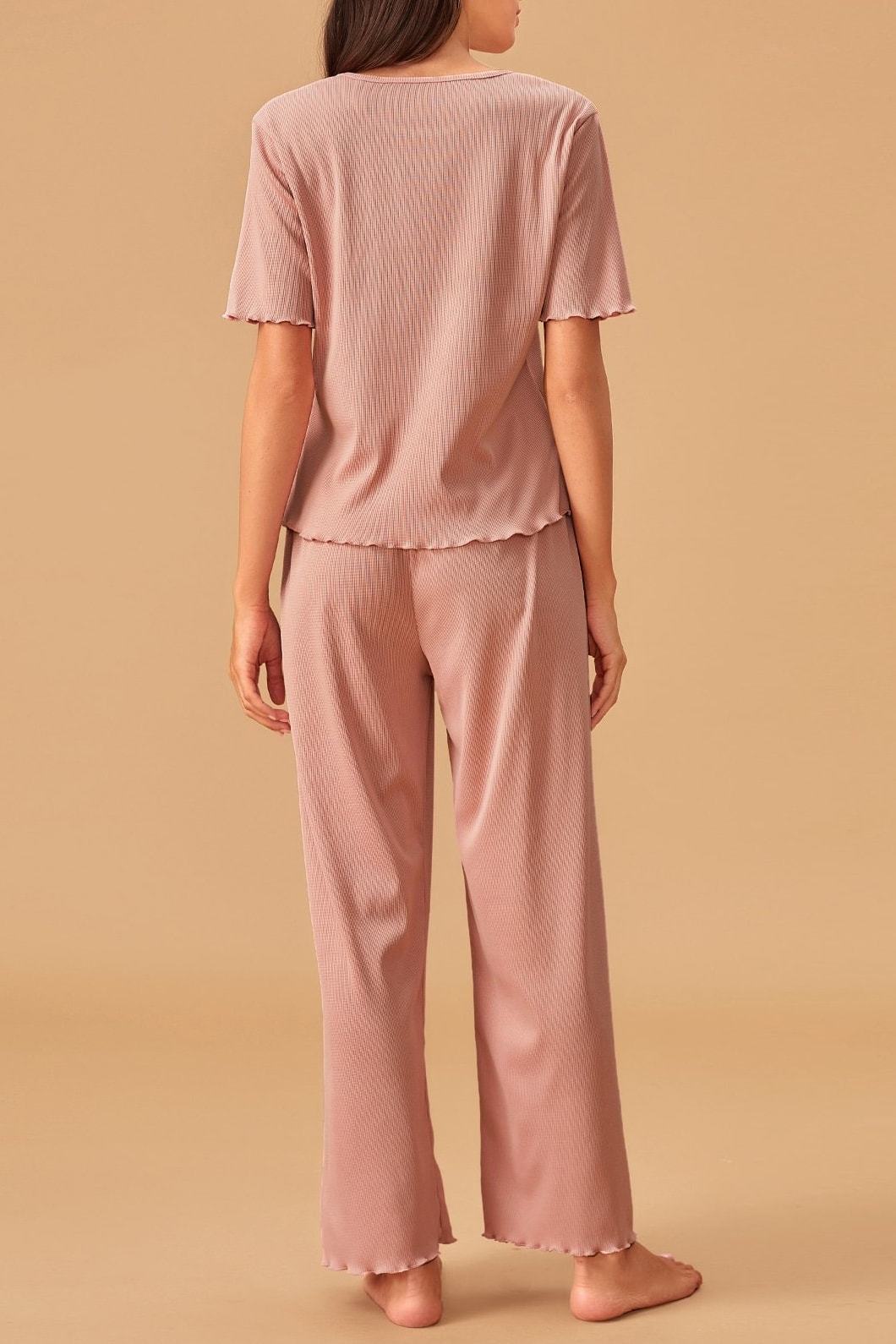 Solid Lettuce Trim Rib-knit PJ Set