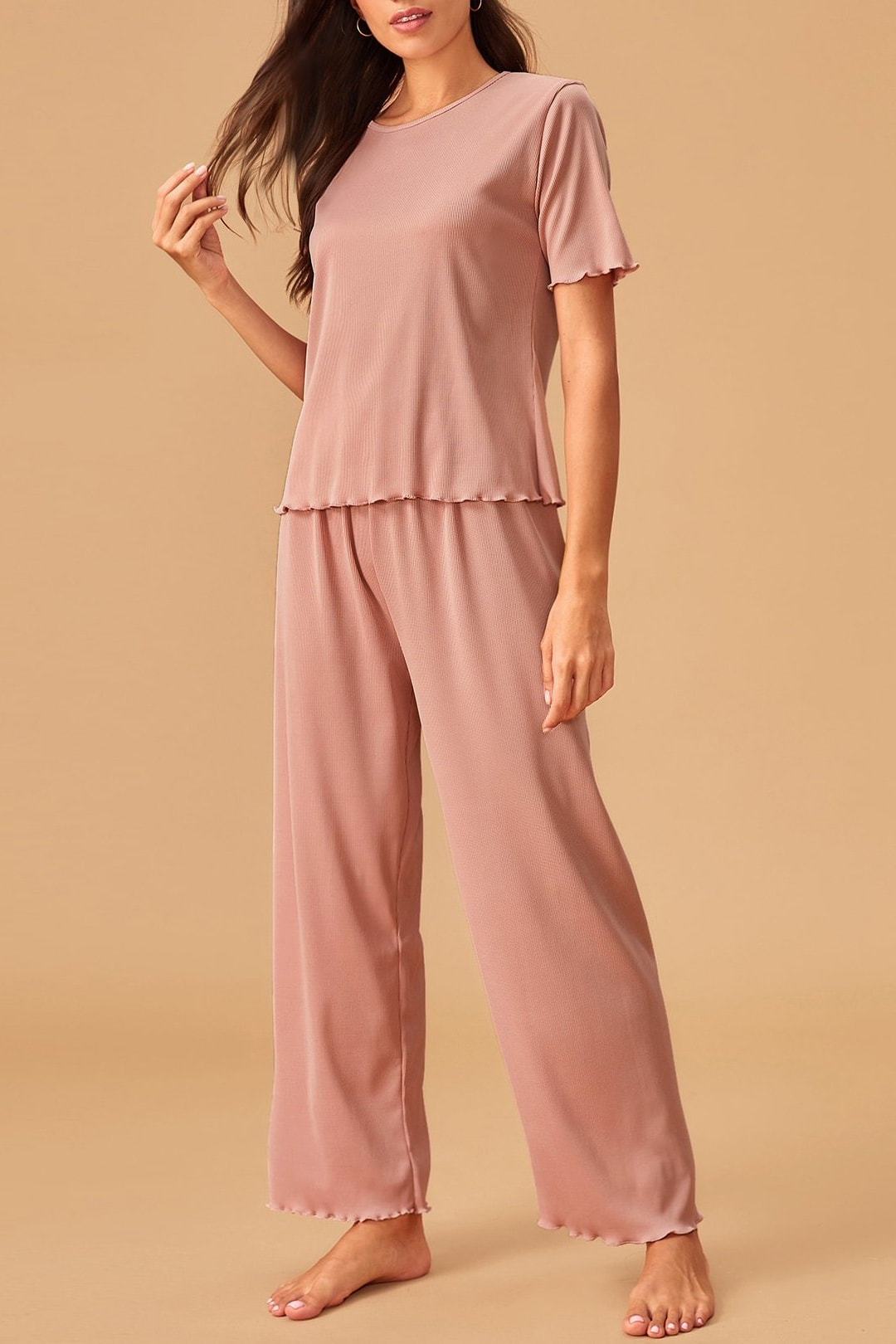 Solid Lettuce Trim Rib-knit PJ Set