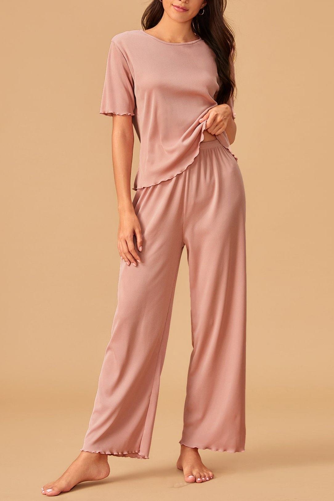 Solid Lettuce Trim Rib-knit PJ Set