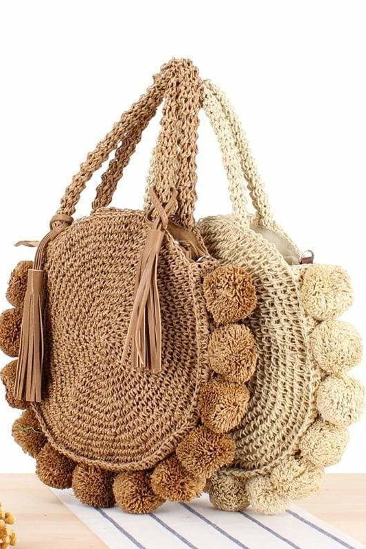 Jeena Pom Pom Woven Bag - Handbags