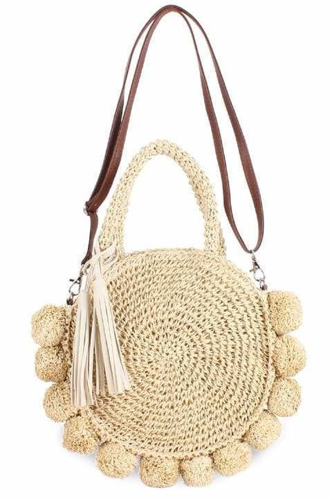 Jeena Pom Pom Woven Bag - Beige - Handbags