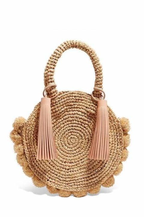 Jeena Pom Pom Woven Bag - Brown - Handbags
