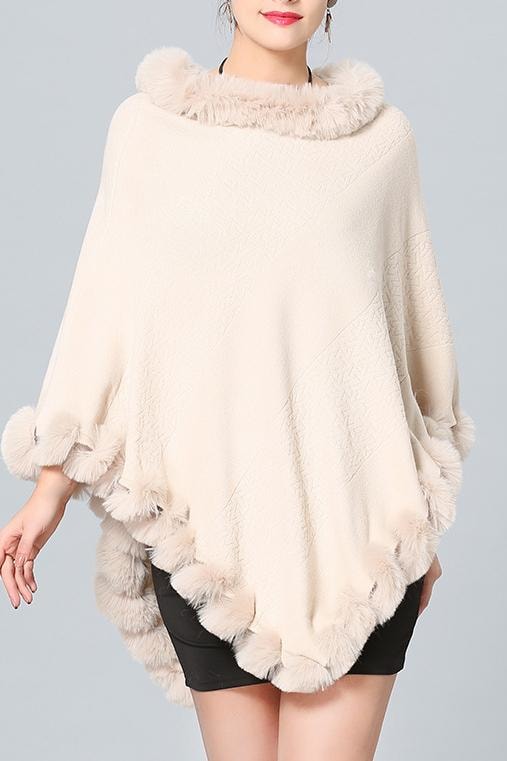 Jett Faux Fur Pom Pom Poncho - Beige / One Size - Clothing
