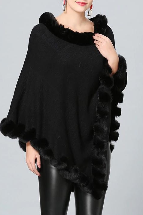 Jett Faux Fur Pom Pom Poncho - Black / One Size - Clothing