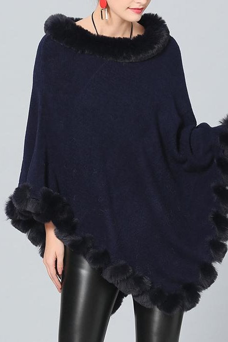 Jett Faux Fur Pom Pom Poncho - Navy / One Size - Clothing