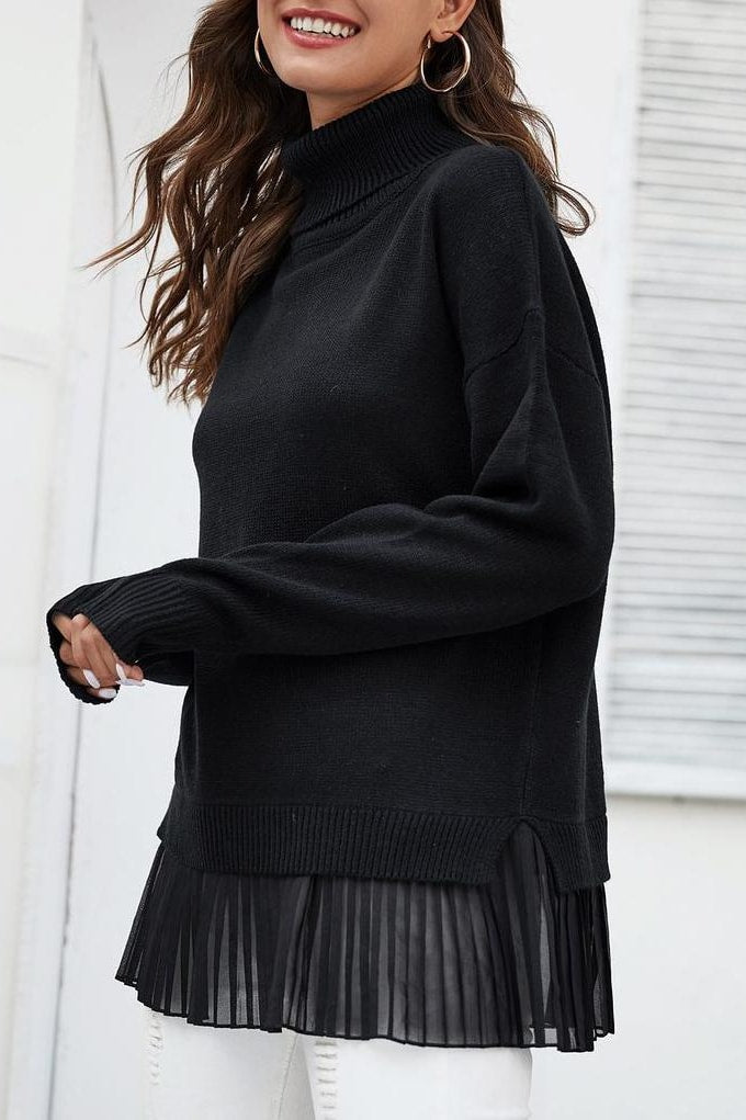 Knit Pleated Turtleneck Sweater - Clothing