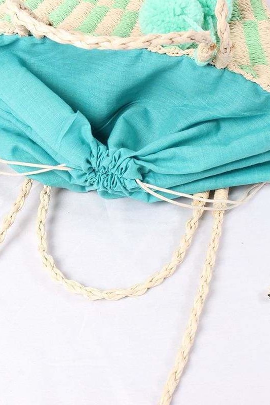 Paulie Pom Pom Straw Bag (Green) - Handbags