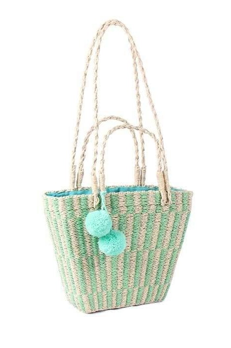 Paulie Pom Pom Straw Bag (Green) - Handbags