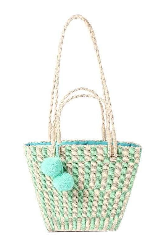 Paulie Pom Pom Straw Bag (Green) - Handbags