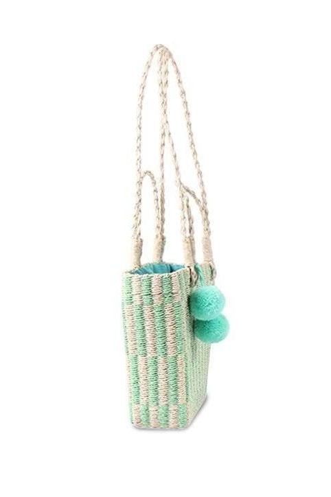 Paulie Pom Pom Straw Bag (Green) - Handbags