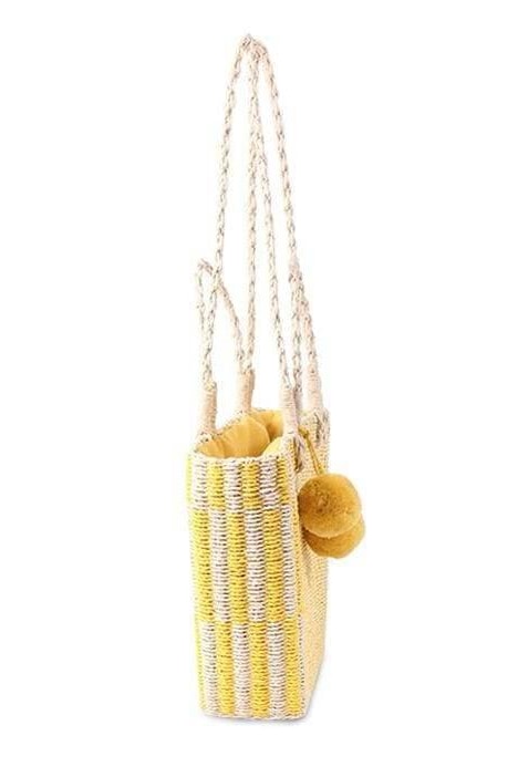 Paulie Pom Pom Straw Bag (Yellow) - Handbags