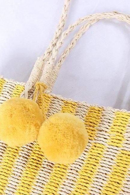 Paulie Pom Pom Straw Bag (Yellow) - Handbags