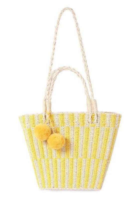 Paulie Pom Pom Straw Bag (Yellow) - Handbags